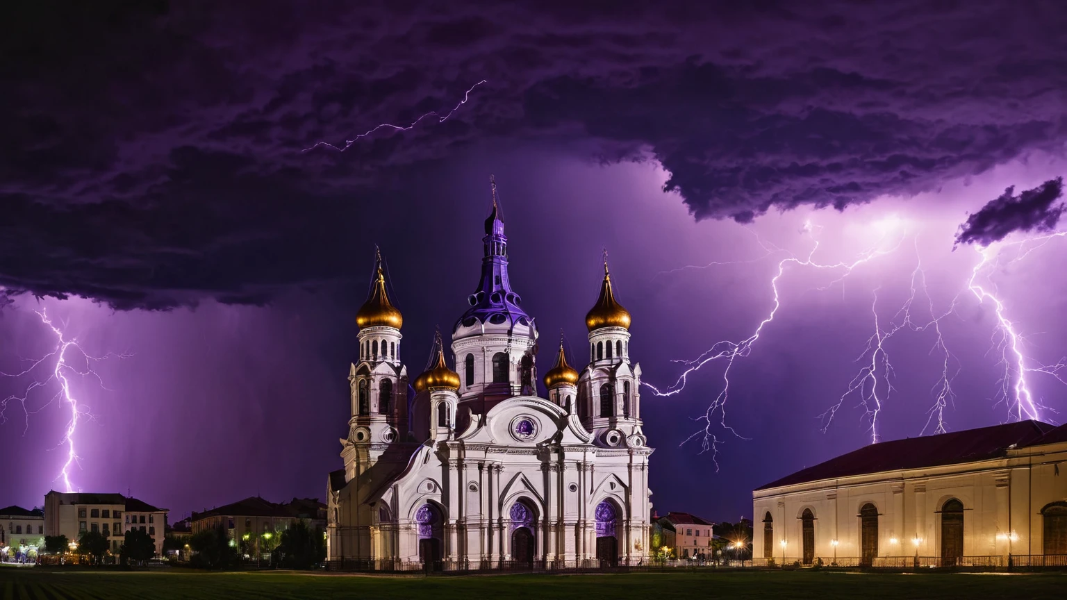 darkest atmosphere, dark purple & black storm clouds during the night, darkness, lightning, panoramic exterior of a dark cathedral with purple onion domes, background