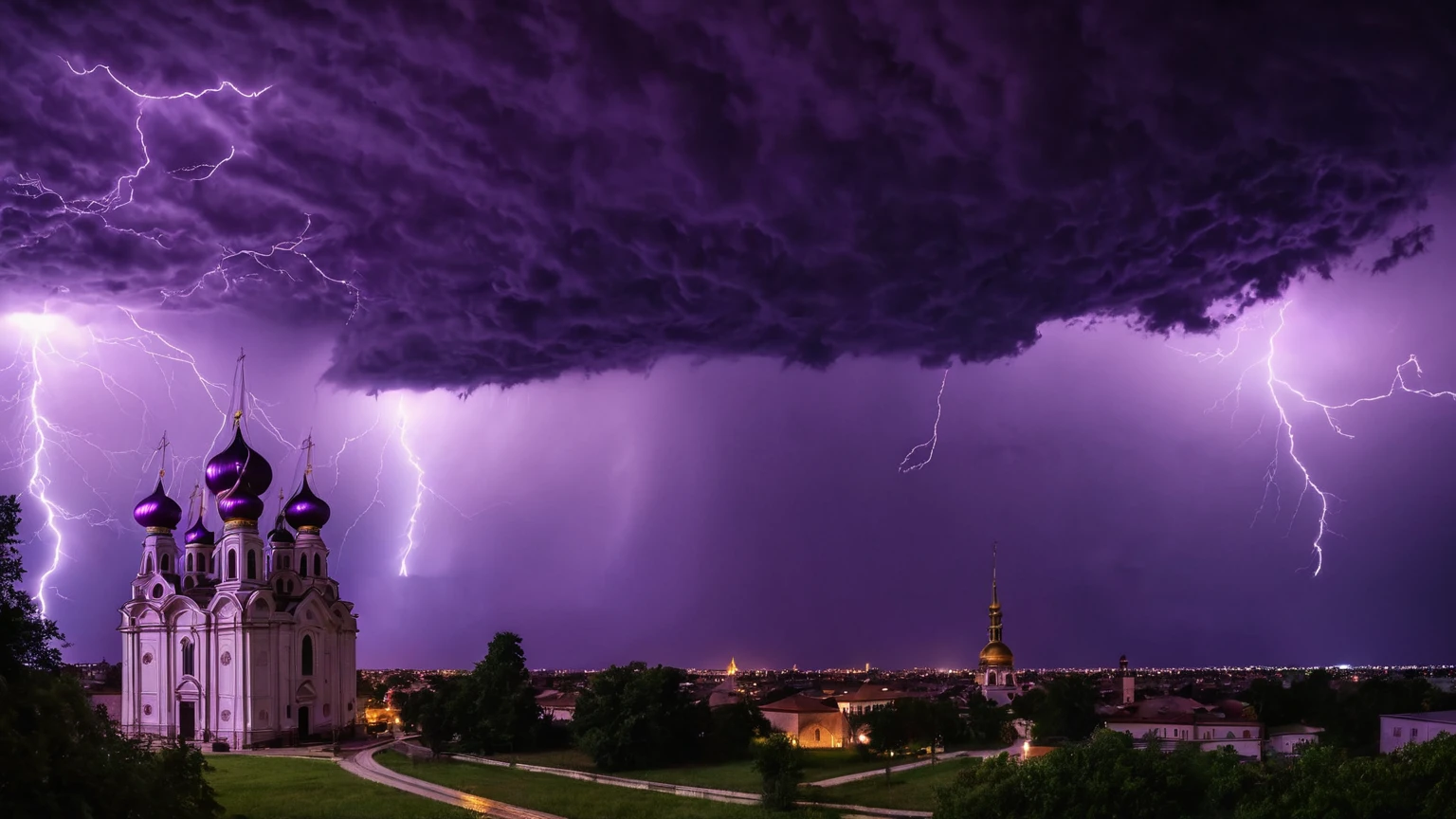 darkest atmosphere, dark purple & black storm clouds during the night, darkness, lightning, panoramic exterior of a dark cathedral with purple onion domes, background
