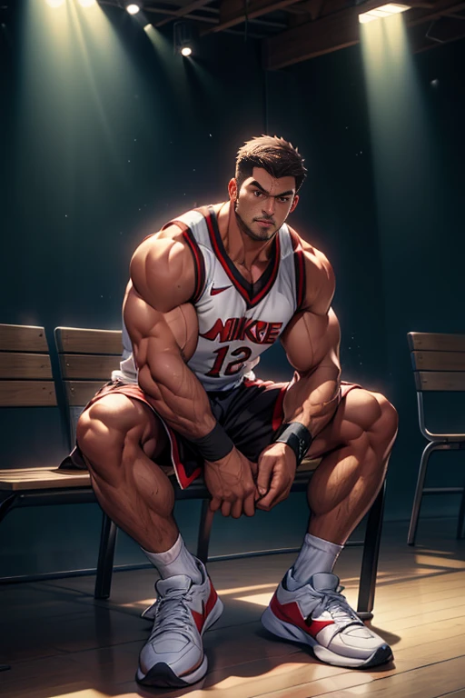 Basketball clothes,Basketball clothes上号码是八号,Nike shorts,White socks,No shoes,Sitting on a wooden bench in the living room,Full body portrait,Hands on the chair,Look down,Eyes on the audience,Expose shoulders and arms,Dark skin,Dark Skin,Solitary,individual,Brown skin,Bigfoot,(Facing the audience),(muscular),Farther distance,(Bottom-up view),(Look at it from a low angle),主角很high,, high , male, Huge body,The character is a burly man,Dynamic Action,Light from above,Clothes show shoulders,Clean face,Lift his head,Keep your eyes open,