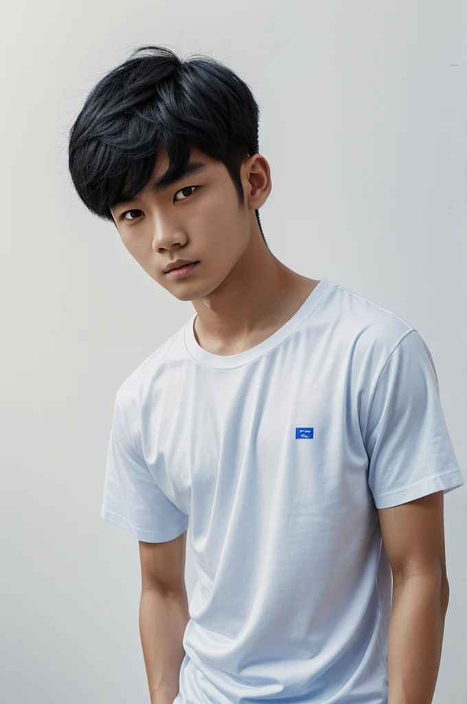 Drawing of a black-haired Asian boy wearing a white t-shirt and a blue shirt