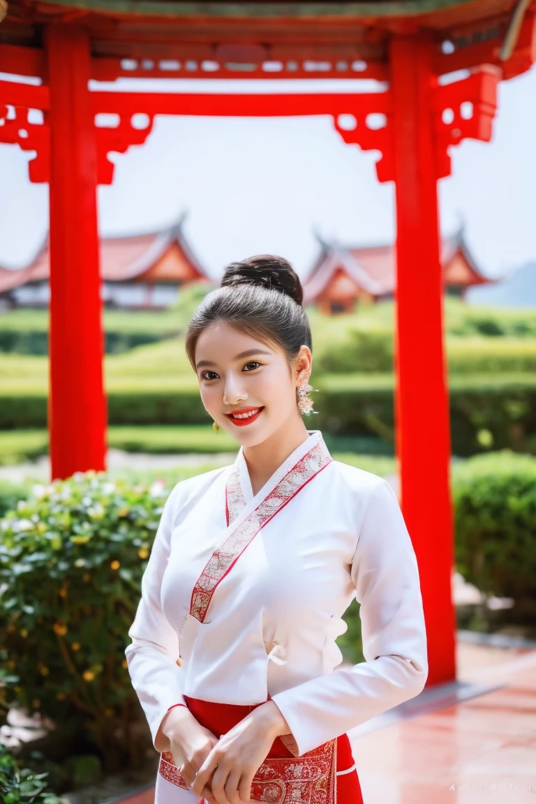 Full body image of a beautiful woman with a slender face Sharp eyes, light red lips, hair in a bun, cherry flowers behind the ears, gentle smile, large breasts, white and red Tai Khun outfit, beautiful and beautiful, the backdrop is a garden in a beautiful temple area.