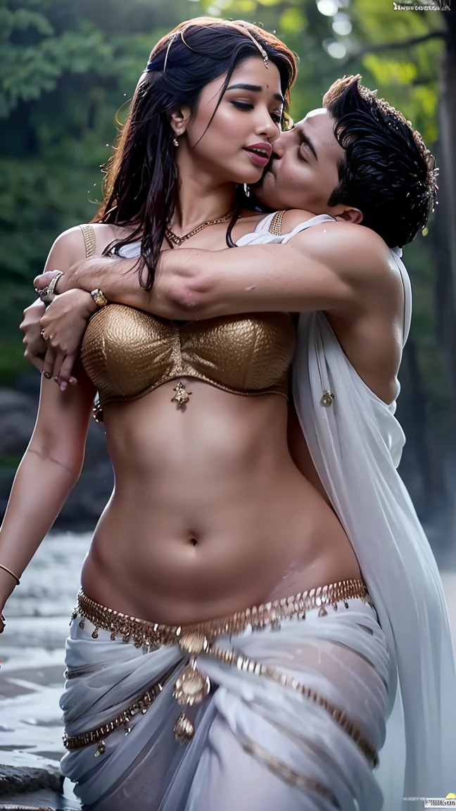 HD wallpaper 32k cinematic shoot of a Beautiful cute wet Pooja Hegde, with thick thighs and a curvy waist,  wearing a beautiful Indian dress, ((lowwaist)), ((kissing by a man)), ((kiss)), ((wet girl)), ((sweaty girl)), ((kissing a man)), ((kiss)), ((kiss on the navel))