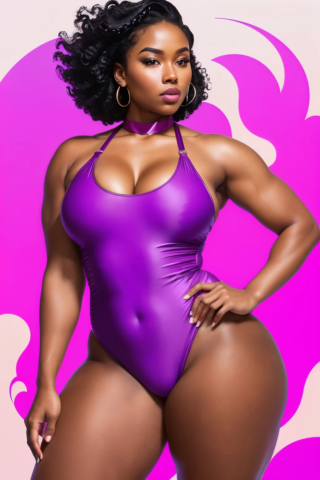 Prompt Words:
(Vintage 1980s style one-piece swimsuit:1.3),
(Dark skin: Moor Woman),
(Strong and confident personality:1.2),
(Amber Rose fusion with Angel Bassett's facial features and a covered chest bust),
(Vaporwave aesthetic:1.4),
(Editorial-style photoshoot:1.3),
(Showcasing muscular abs, feminine curvature: (huge ego hips, thick accent thighs), but with twice the width (in her hips)),
(Realistic journalism, advocating for Womancore values),
(High-quality, professional