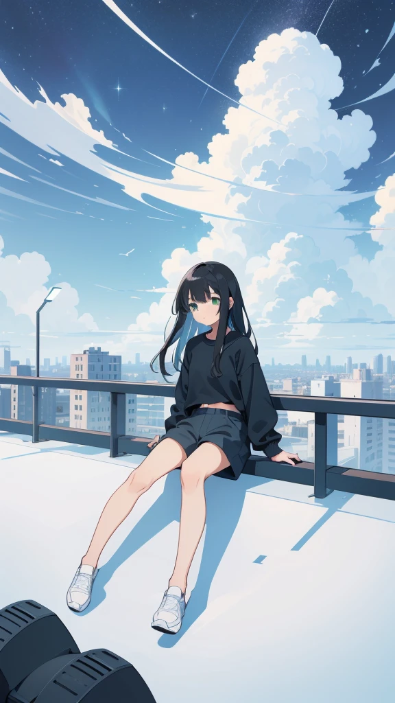 masterpiece, Exquisite detail,Highest quality, One girl, alone, handrail, cloud, Looking up at the buildings,Long Hair, NULL, Long sleeve, Power lines, White footwear, Black Hair, View your viewers, Electric pole, bangs, cloudy NULL, fish, bird, Green Eyes, Shorts, Day, Black Shirt, barefoot,Whale flying in the sky,Giant whale,night,star,milky way,night,Pitch black,Buildings,Sitting