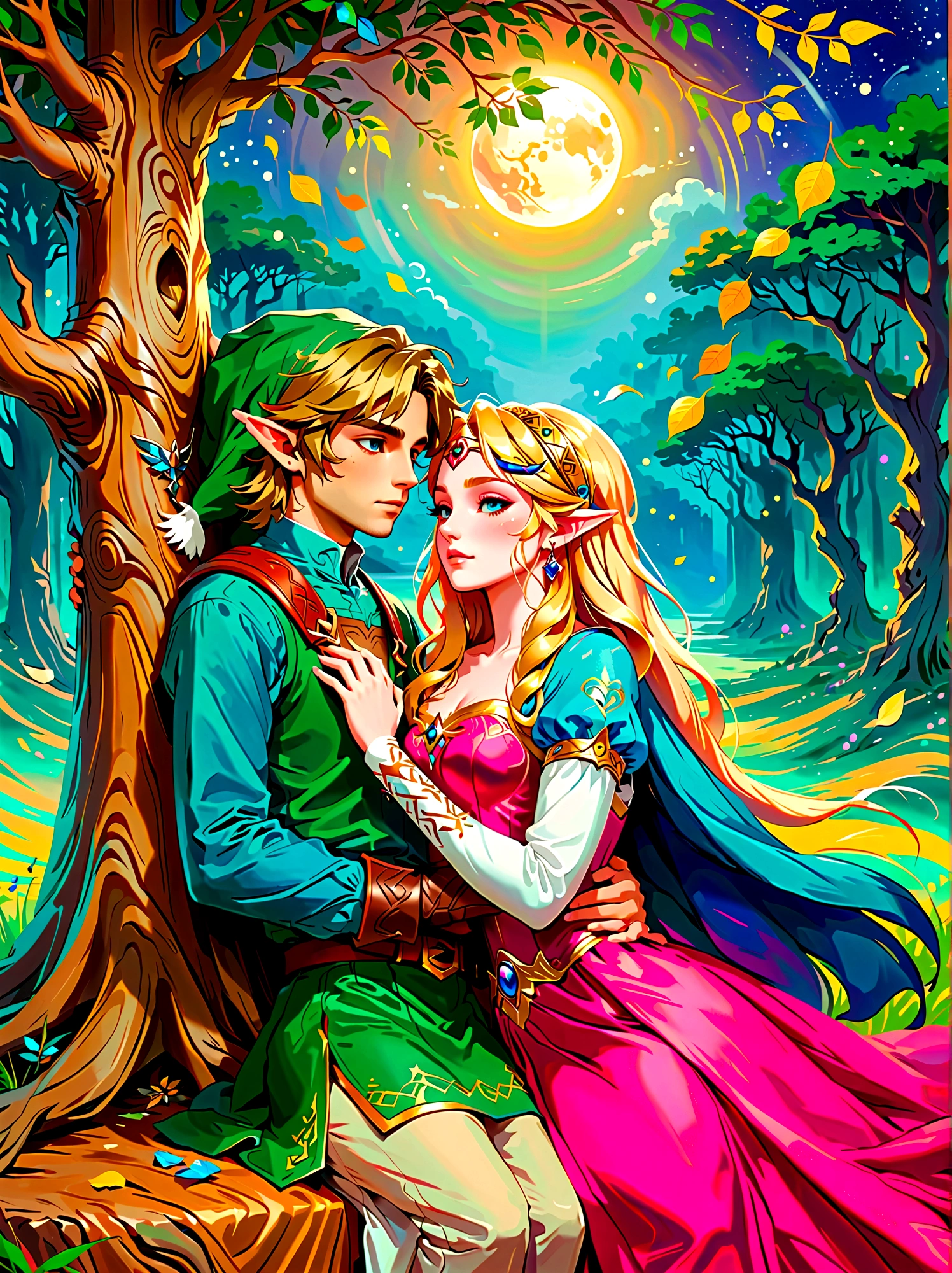 (Best quality，8K，Ultra-high resolution，masterpiece)，Super Fine，illustration，Princess Zelda，Link，Couple，Love，Embrace，(Lying under the World Tree:1.5)，fantasy，(the legend of zelda)，beautiful eyes，Beautiful lips，Super Fine的眼睛和脸，Long eyelashes，Long hair，romantic，close，Warm Lights，Prime Time，color，Fantasy Art，thrilling，epic