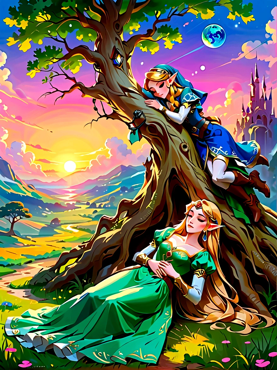 (Best quality，8K，Ultra-high resolution，masterpiece)，Super Fine，illustration，Princess Zelda，Link，Couple，Love，Embrace，(Lying under the World Tree:1.5)，fantasy，(the legend of zelda)，beautiful eyes，Beautiful lips，Super Fine的眼睛和脸，Long eyelashes，Long hair，romantic，close，Warm Lights，Prime Time，color，Fantasy Art，thrilling，epic