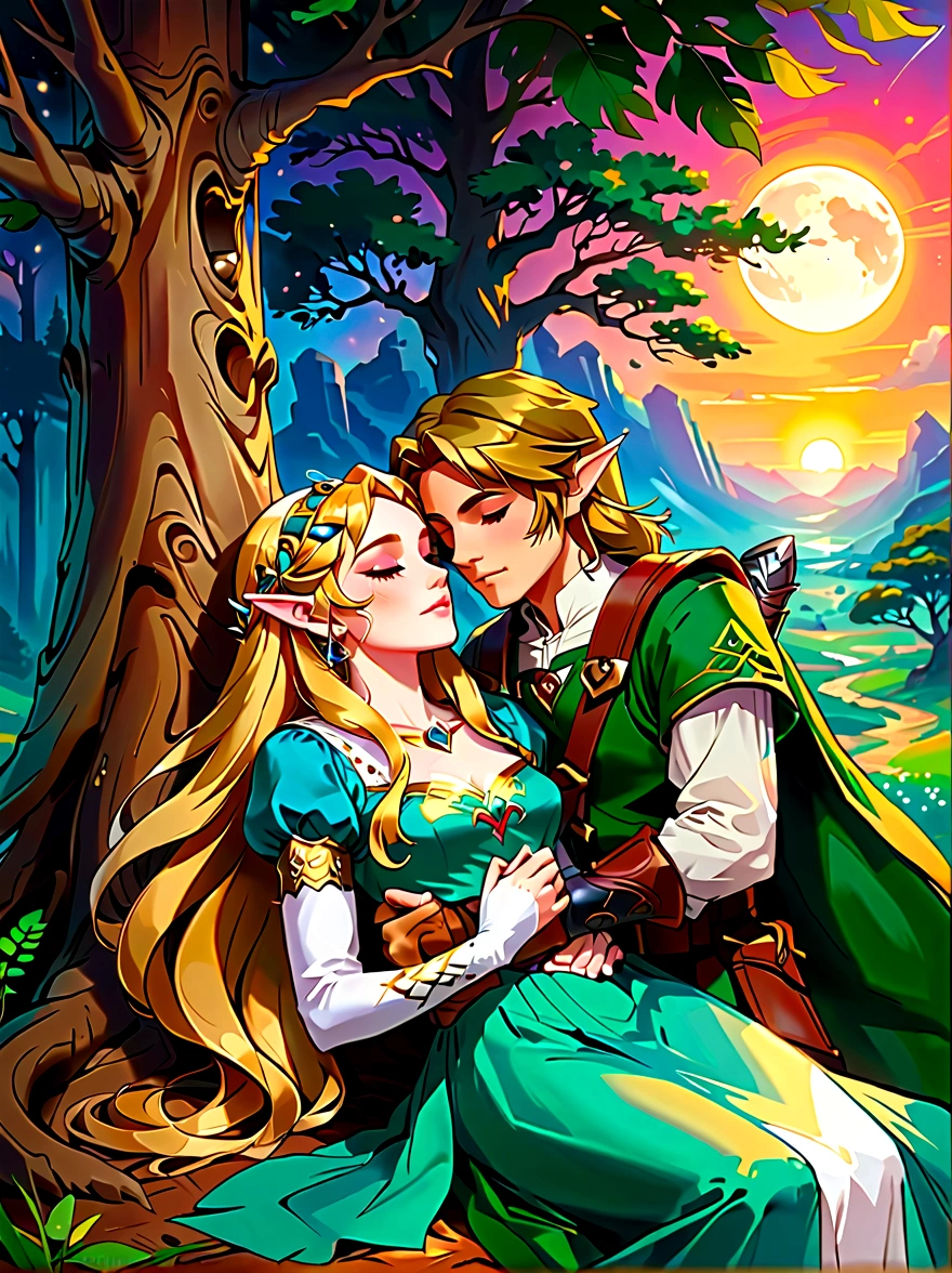 (Best quality，8K，Ultra-high resolution，masterpiece)，Super Fine，illustration，Princess Zelda，Link，Couple，Love，Embrace，(Lying under the World Tree:1.5)，fantasy，(the legend of zelda)，beautiful eyes，Beautiful lips，Super Fine的眼睛和脸，Long eyelashes，Long hair，romantic，close，Warm Lights，Prime Time，color，Fantasy Art，thrilling，epic