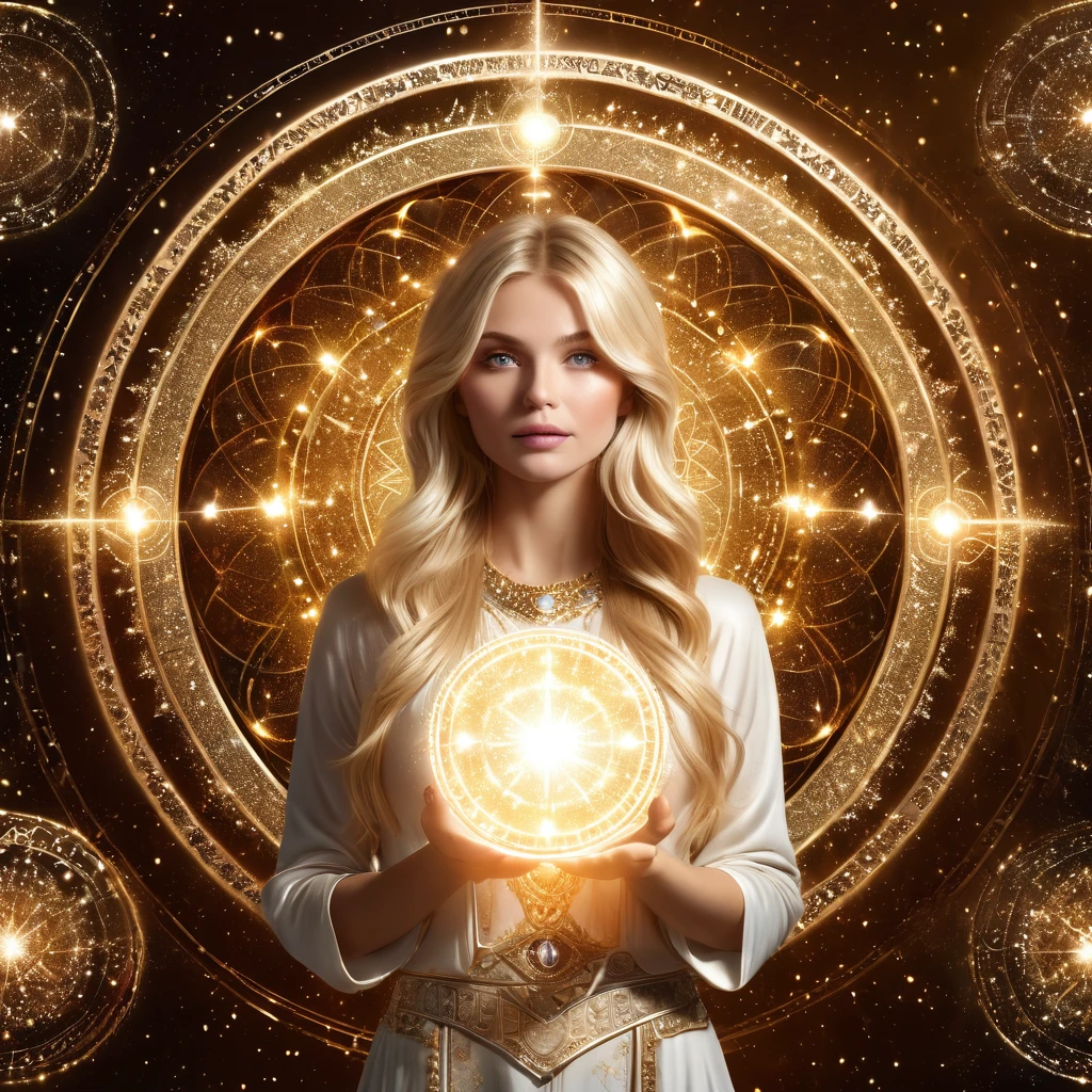 Astrologer, beckoning, blonde hair, bangs, 1girl, long hair, looking at viewer, 3D image of astrological horoscope circle on both palms, best quality, masterpiece, high quality, extremely detailed CG unity 8k wallpaper, delicate background, luminous particles, complex details, Sacred geometry,