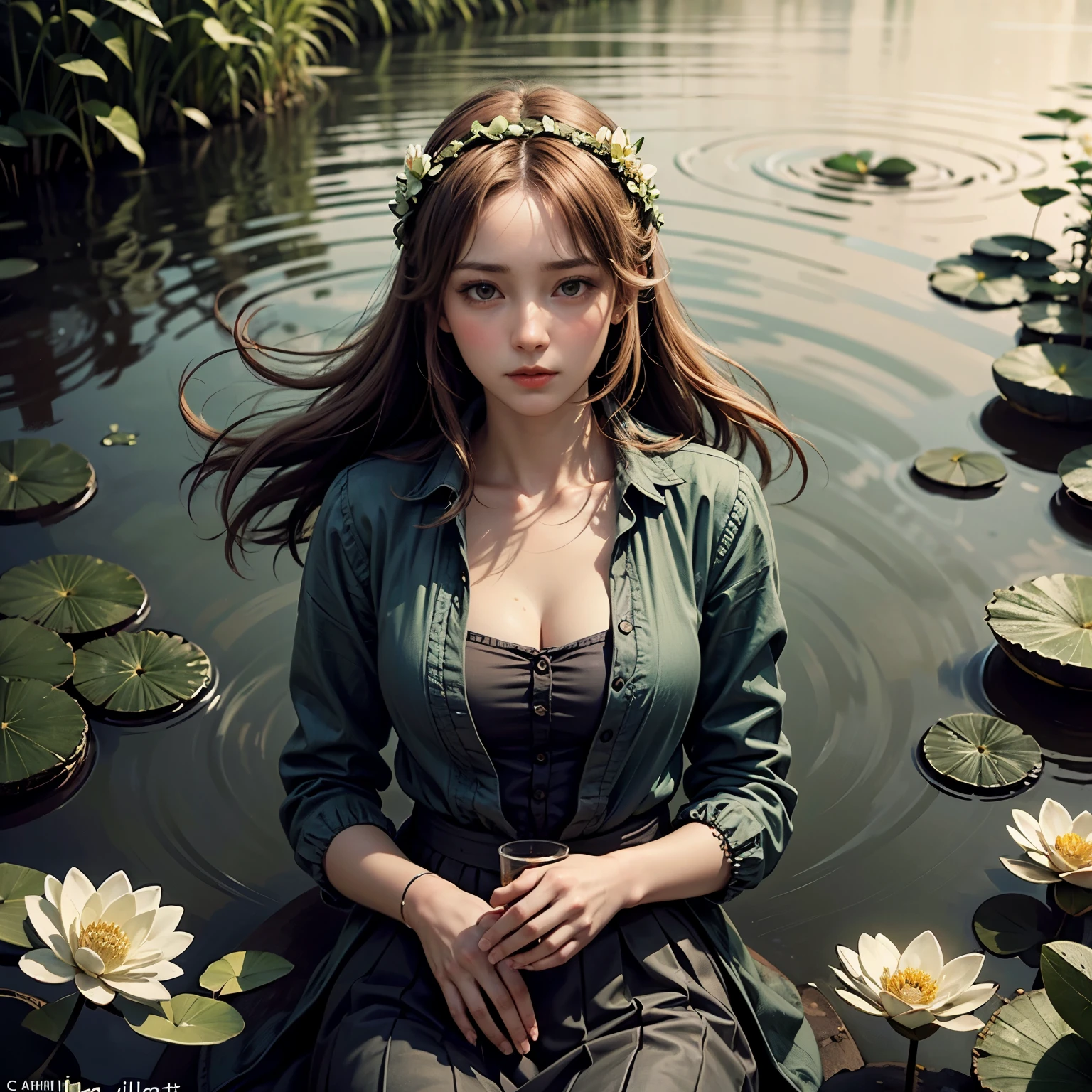 Beautiful girl floating on a river, long flowing hair, gentle expression, water lilies and flowers, lush green foliage, atmospheric lighting, classical painting style, muted color palette, cinematic composition, photorealistic, highly detailed BREAK (((Ophelia BY John Everett Millais )))