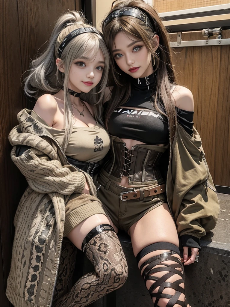 (Smiling with teeth showing:1.3),(Shibuya Gal:1.5)、(Beautiful:1.5)、(Neo-goth fashion:1.5)、(Punk RockVisual Kei:1.5)、(An off-the-shoulder hoodie in khaki and brown with delicate silver accessories.:1.5)、(A corset with a delicate beige and brown design:1.4)、(Dark grey, khaki and brown snakeskin bodysuit:1.5)、(Snake print headband:1.3)、(Beige and charcoal knee socks:1.4)、Embellished collar and long boots、(I'm selling snake print underwear.:1.4)、(Long eyelashes:1.3)、(20-year-old)、((Highest quality、8k、masterpiece:1.3))、1 Female、Slim and beautiful abs:1.3、(hairstyle casual、Beautiful boobs:1.1)、(Doing an aerobics pose:1.3)、dress:1.1、Super small face、Narrow eyes、double eyelid、A sloppy smile、Esbian all over、Dynamic Angle、Close-up、CPL Filter、Blurred Background、Bokeh、Blue Hour、Detailed face and skin texture、Detailed eyes、,(Twin tails:1.3)、(Brown-golden hair:1.3)、Gravure idol、(The background is a glamorous dance hall:1.3)、(Make your legs thinner:1.4)、(Slim body:1.3)、(clavicle:1.1)