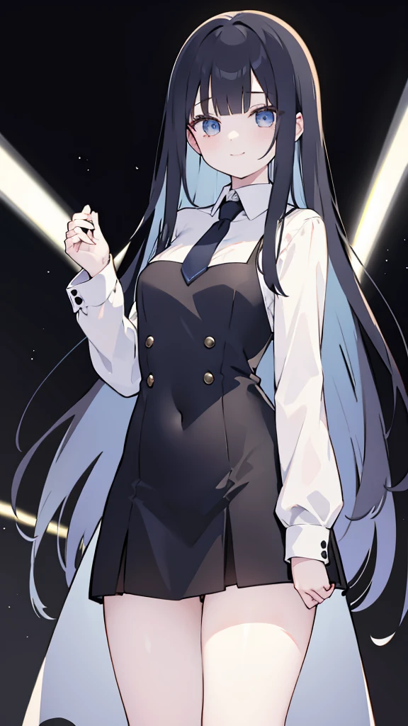 masterpiece, 8K, Detailed face, best quality, Must be as described, (1 girl, alone, 20 years old, 158cm), (Black hair, long hair, Straight Hair, Bangs), (innocent, Big blue eyes like diamonds), (fair skin), (Wearing a simple white shirt, Black panties), (The length of the white shirt should not exceed the thigh, Expose arms and thighs), (Has black leather collar), (The expression looks shy, but with a smile, shy, Pleasure), (light black background, whole body, Facing the audience, Stand Up Straight, symmetry)