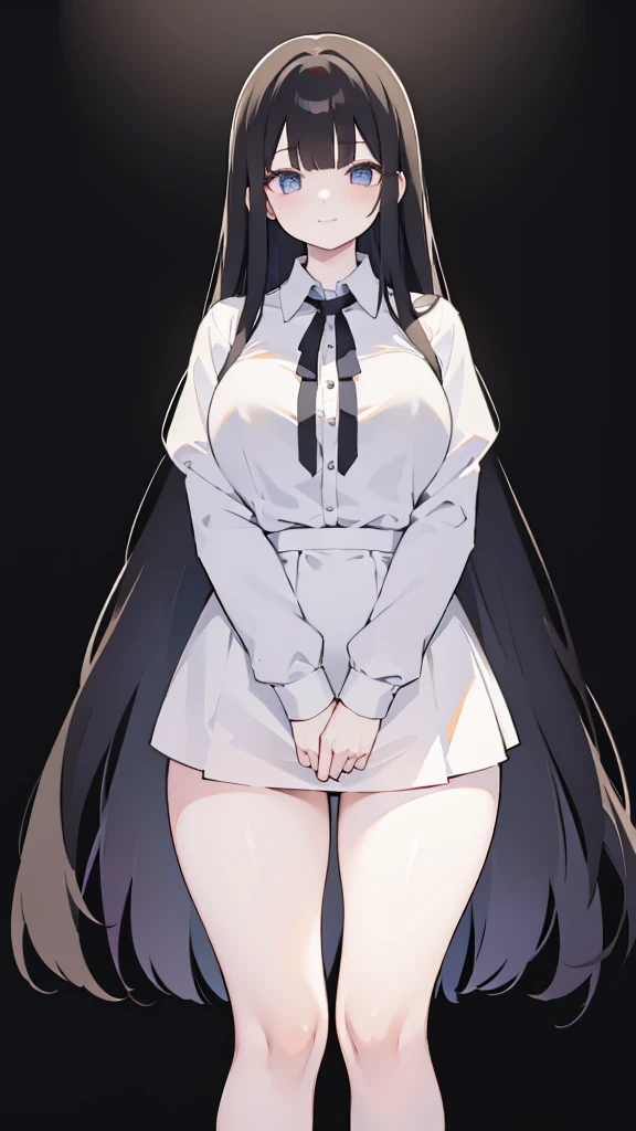 masterpiece, 8K, Detailed face, best quality, Must be created as described, (1 girl, alone, 20 years old, 158cm), (Black hair, long hair, Straight Hair, Bangs), (innocent, Big blue eyes like diamonds), (fair skin), (Wearing a simple white shirt, Shirt length no longer than thigh), (Black panties, Low waist style, Show your thighs), (White Crocs, Heightening style), (Has black leather collar, Attached to a chain), (The expression looks shy, but with a smile), (light black background, Backlight, Full body portrait, Facing the audience, Stand Up Straight, symmetry)