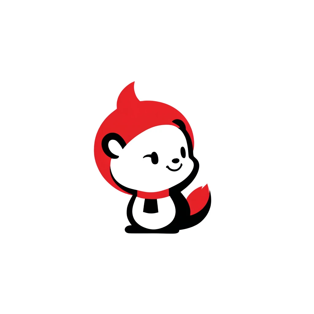 A black and white photo,There is a squirrel in the photo,A red scarf is worn on his head, Japanese simple style, Colorful animation, Logo, Tupini Punk, Soft and rounded shape, Rinpa School, Flat shape