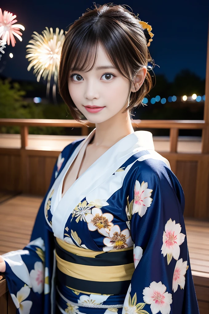(8k、RAW Photosgraphy、highest quality、masterpiece:1.2)、(Realistic、Photorealistic:1.37)、Ultra-high resolution、One Girl、cute、solo、night、Sitting、date、(Nose redness)、(Laughter:1.1)、(Closed)、huge 、Beautiful Eyes、(short hair:1.2)、(((Fireworks bursting into the sky、night)))、(((kimono、yukata)))、Cleavage、Perfect body、Perfect Fingers、Professional Lighting、Japanese Goddess、gravure、Detailed face and skin texture、Detailed eyes、RAW Photos