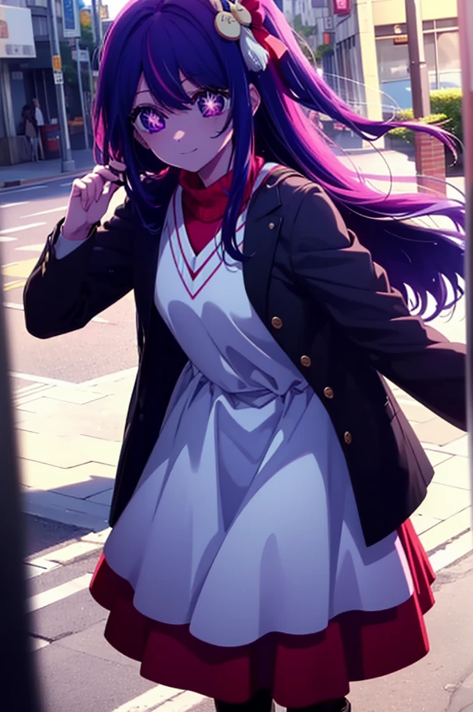 aihoshino, Ai Hoshino, Long Hair, bangs, (Purple eyes:1.1), Purple Hair, (Symbol-shaped pupil:1.5), smile,
break one side up, hair ornaments, Hair Ribbon, Purple long coat,V-neck sweater,Long skirt,Black pantyhose,short boots,Red muffler,It's snowing,Snow is falling,Are standing,whole bodyがイラストに入るように,
break outdoors, Building district,
break looking at viewer, whole body,
break (masterpiece:1.2), Highest quality, High resolution, unity 8k wallpaper, (figure:0.8), (Beautiful attention to detail:1.6), Highly detailed face, Perfect lighting, Highly detailed CG, (Perfect hands, Perfect Anatomy),