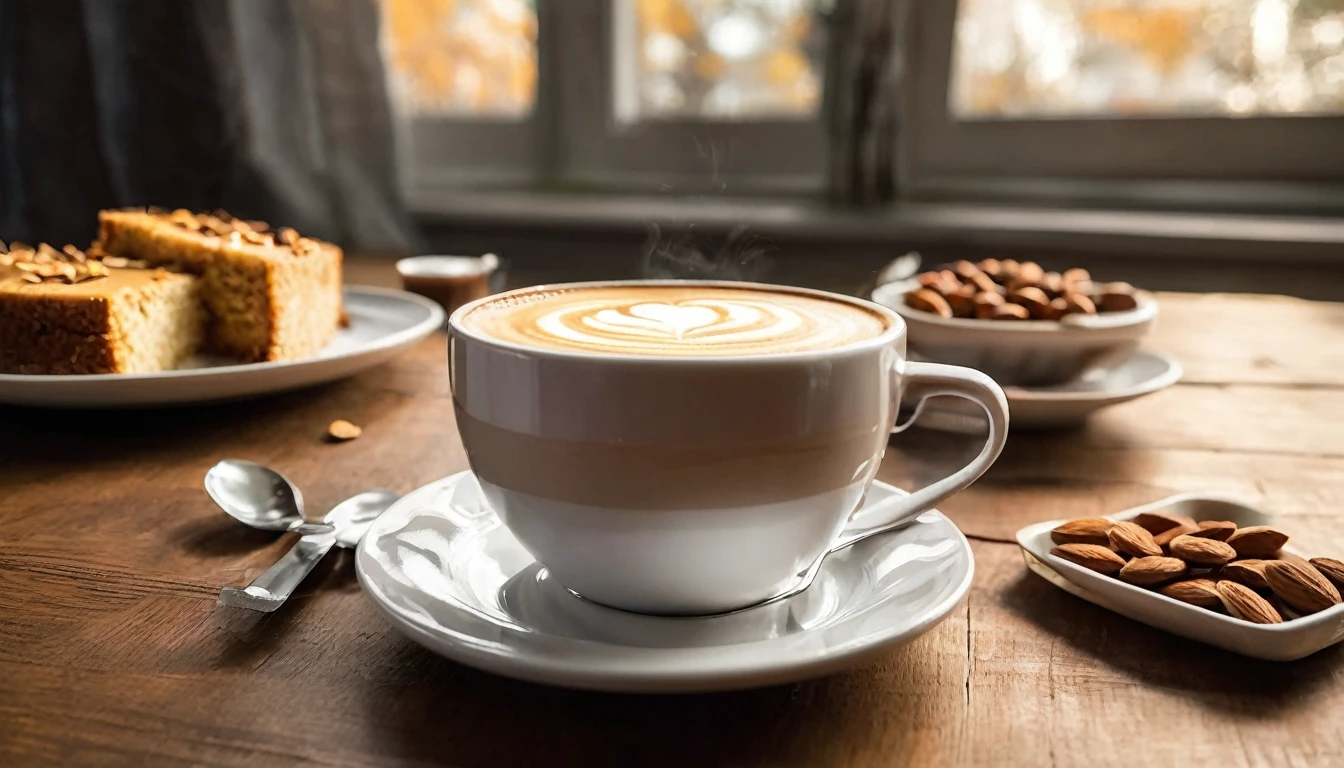 Create an image of a cozy fall-themed atmosphere featuring a one white cup with heart-shaped latte art on it, placed on a wooden table surface. beside the cup, there was a piece of cake with triangle slice layered with white cream on the small plate,there are some whole and shelled almonds, adding to the warm and inviting atmosphere. This scene is bathed in soft sunlight