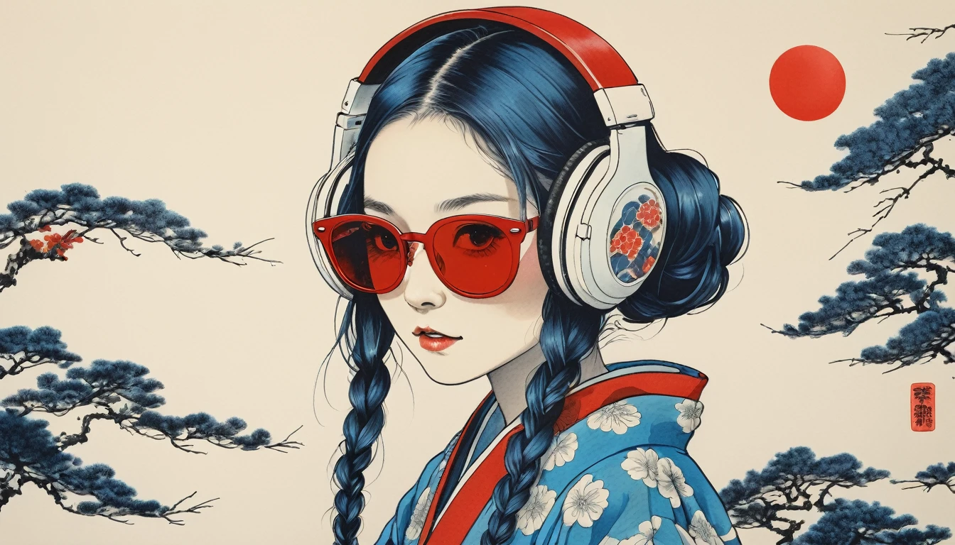 Japanese pattern haori, Long Hair, Cute female skeleton, Sunglasses with light blue lenses, Katsushika Hokusai, Ink Painting, Japanese style headphones, karate, Modern ukiyo-e style, Red Eyes