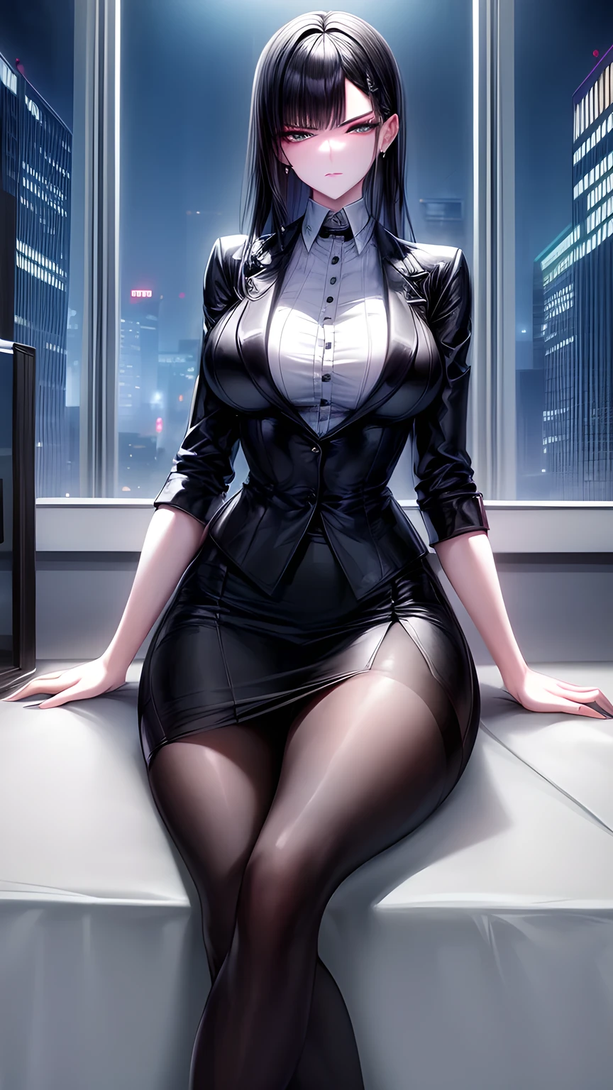 (masterpiece), (best quality), (Perfect face), extremely Delicate skin pores, (Delicate skin:1.2), Art Station, night, office, night sky, Cool Girl, Dark business jacket, Dark business dress, High Leg Raise, Black short hair, With a straight face,No Expression, A faint smile, permanent, portrait,Long skirt,Long hair,Black Silk,Sitting。