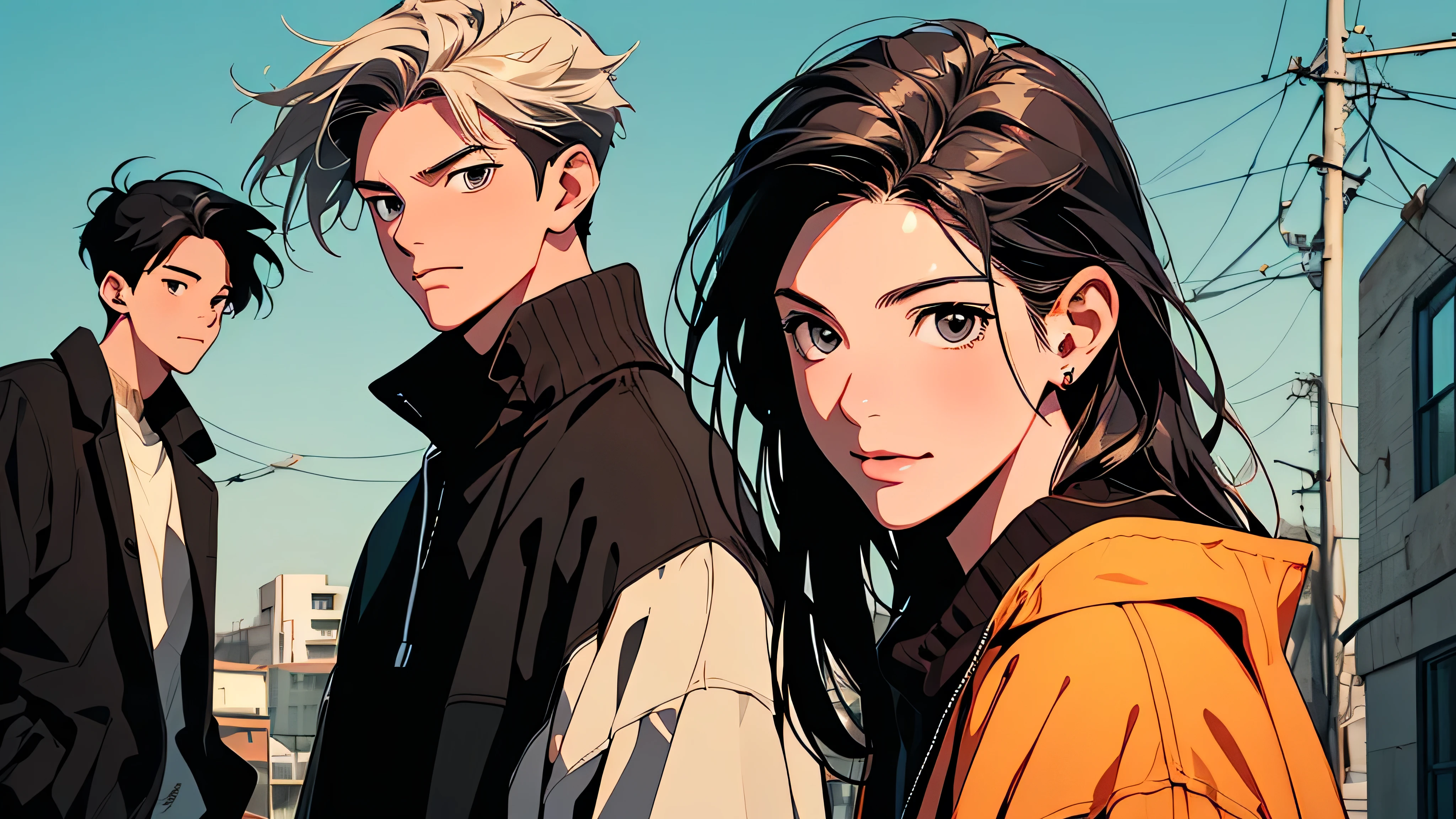2D illustration, アニメ, Manga style, whole body,ASİAN, Bishamon from noragami, ((lol: 1.2 + Galen: 1.3), realistic art style), HD, Two man and one woman on stand up comedy. While , teenager, and adult watching them with happy and laughing face