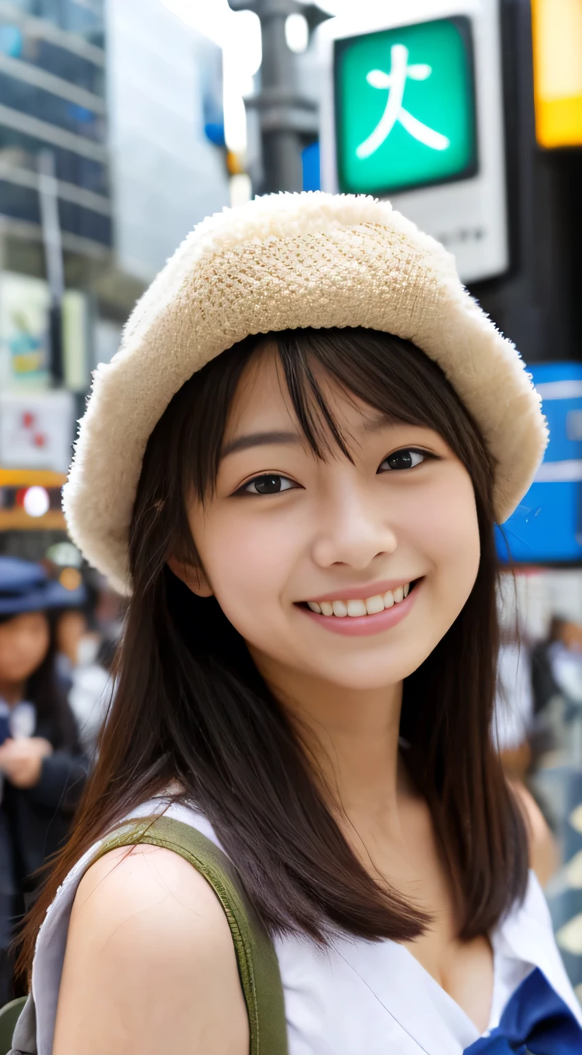 masterpiece,best quality,(Japanese school girl),((Beautiful girl)),cleavage,(perfect body beauty:1.2),(shy smile),beautiful teeth,(hat),(Shibuya scramble crossing),