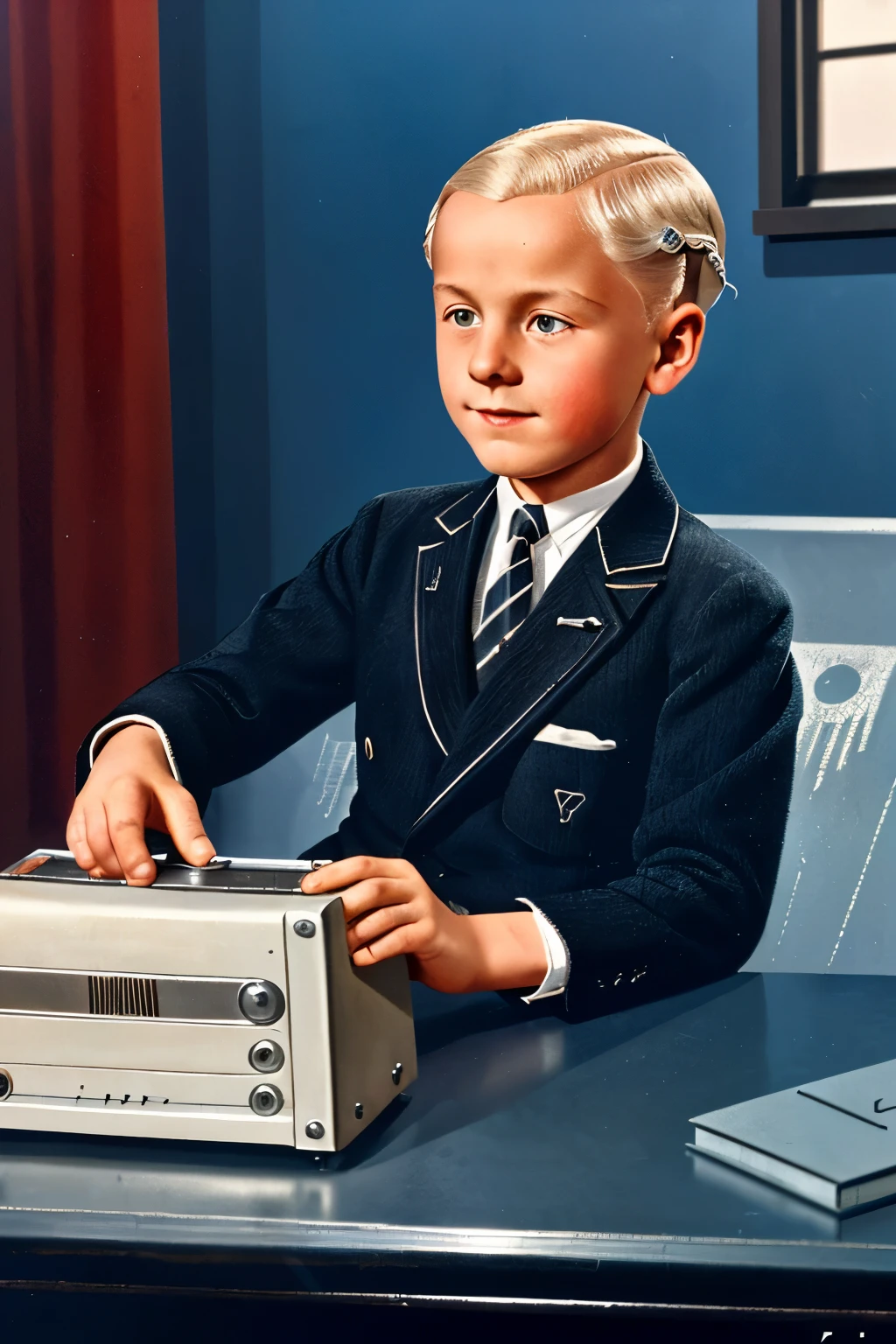 Zollverein, 1938. A little ((((12-year-old)) Werner Pfennig)), young boy, listening to the radio, ((((clothings from the 1930s)))), ((platinum blonde hairstyle of the 1930s))