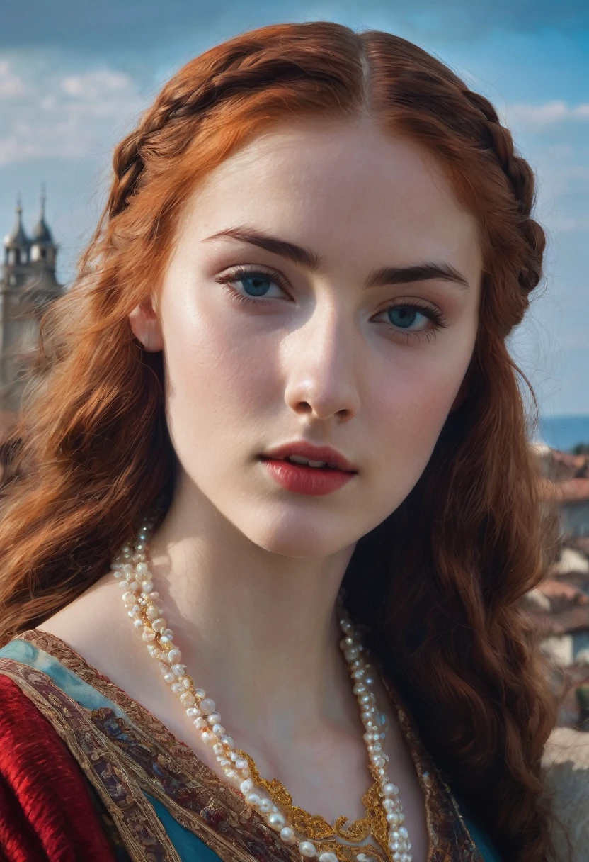 young woman(23 years old). Bright red, Wavy hair, braided(in the manner of Lucrezia Borgia или на манер таргариенов), pearl earrings in the ears, necklace of pearls on the neck. Eyes sky blue. Red eyebrows, very thin and curved. The skin is pale, she has freckles. Elongated face, oval shape. Dress in Renaissance or Middle Ages style, in the manner of Lucrezia Borgia. Mouth wide, and your lips are full. Брови very thin and curved, Light. одета в платье in the manner of Lucrezia Borgia. Realism style.