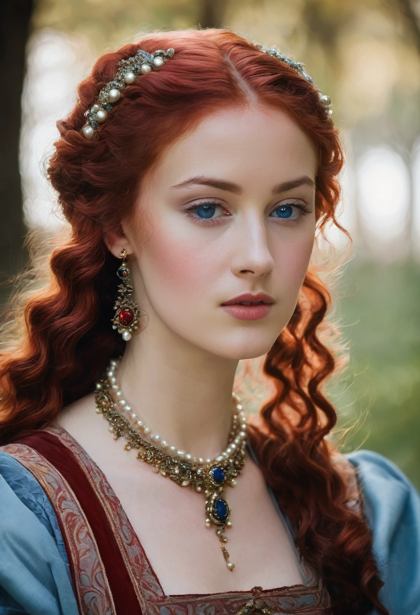 young woman(23 years old). Bright red, Wavy hair, braided(in the manner of Lucrezia Borgia или на манер таргариенов), pearl earrings in the ears, necklace of pearls on the neck. Eyes sky blue. Red eyebrows, very thin and curved. The skin is pale, she has freckles. Elongated face, oval shape. Dress in Renaissance or Middle Ages style, in the manner of Lucrezia Borgia. Mouth wide, and your lips are full. Брови very thin and curved, Light. одета в платье in the manner of Lucrezia Borgia. Realism style.