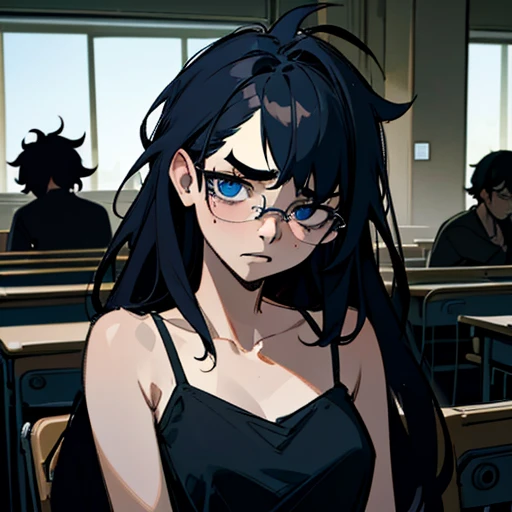  (Best Quality: 1.0), (Ultra High Resolution: 1.0), (Masterpiece), Detailed Face, Group of People, Boys, (Scared Expressions on Their Faces), Classrooms Are People, (Background in Classroom), Bloodstains, volumetric lighting, ambient lighting, highres, masterpiece, 8k, (dark blue eyes with dark circles), tired, melancholy, depressed, detailed black hair, (messy hair), long hair, disheveled, unwashed, thick eyebrows, black camisole, (wearing glasses),