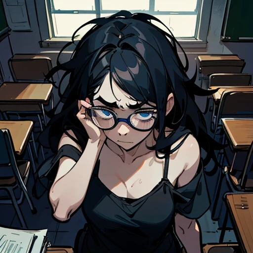  (Best Quality: 1.0), (Ultra High Resolution: 1.0), (Masterpiece), Detailed Face, Group of People, Boys, (Scared Expressions on Their Faces), Classrooms Are People, (Background in Classroom), Bloodstains, volumetric lighting, ambient lighting, highres, masterpiece, 8k, (dark blue eyes with dark circles), tired, melancholy, depressed, detailed black hair, (messy hair), long hair, disheveled, unwashed, thick eyebrows, black camisole, (wearing glasses),