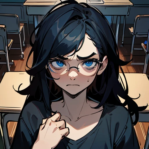  (Best Quality: 1.0), (Ultra High Resolution: 1.0), (Masterpiece), Detailed Face, Group of People, Boys, (Scared Expressions on Their Faces), Classrooms Are People, (Background in Classroom), Bloodstains, volumetric lighting, ambient lighting, highres, masterpiece, 8k, (dark blue eyes with dark circles), tired, melancholy, depressed, detailed black hair, (messy hair), long hair, disheveled, unwashed, thick eyebrows, black camisole, (wearing glasses),