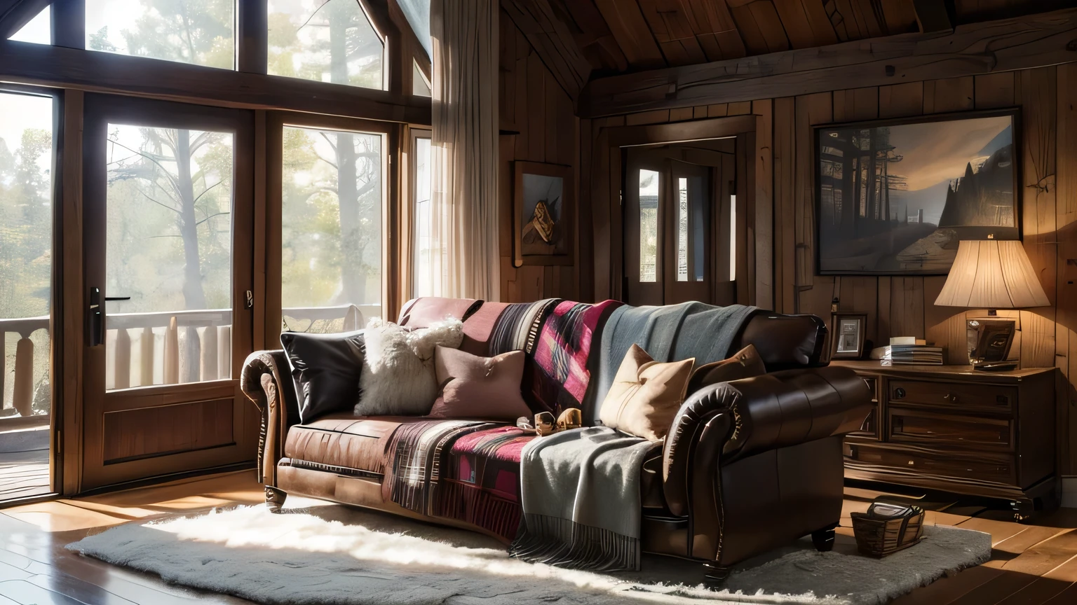 a dreamhouse cabin, in the woods, interior design, cozy, couch, throw blankets, fur rug, large windows, vogue editorial, HD, 4k, realism, realistic, photo realistic, hyper detailed