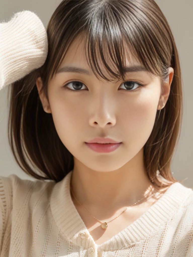 ((Tabletop,Highest quality)), (Like the picture:1.4),(((Tabletop,8K)),White wall,(White Room),((Full body photo))),Photographed in natural light,Highly detailed face and skin texture,Highly detailed lips,The correct state of the human body,Ultra-high resolution,(Photorealistic:1.4),Highest quality, One beautiful woman, 38 years old, s, 60mm lens, light beige knit,(Medium Hair),Japanese women,(Black Hair),Various poses,Looking into the camera,Natural lip color, necklace