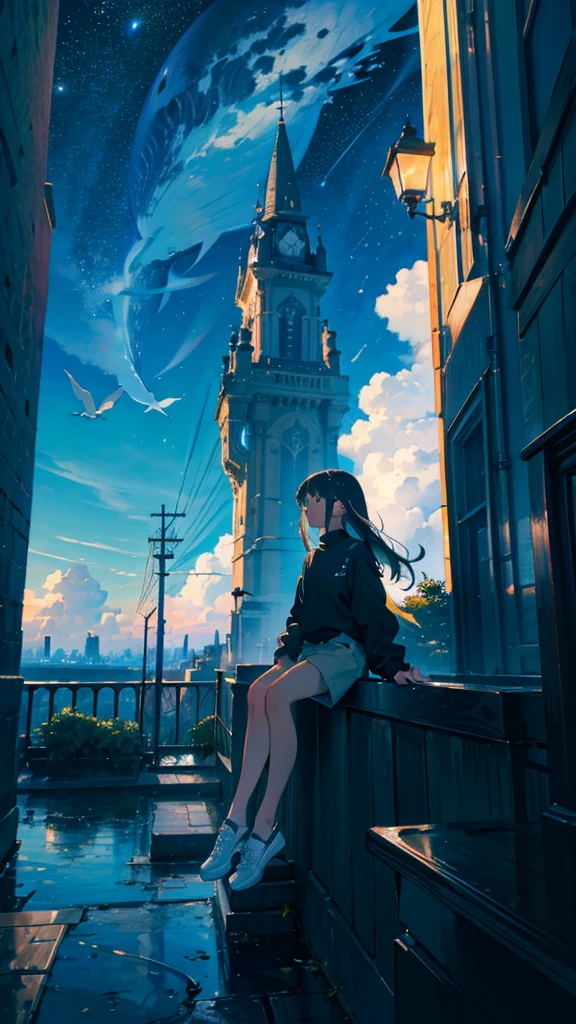 masterpiece, Exquisite detail,Highest quality, One girl, alone, handrail, cloud, Looking up at the buildings,Long Hair, NULL, Long sleeve, Power lines, White footwear, Black Hair, View your viewers, Electric pole, bangs, cloudy NULL, fish, bird, Green Eyes, Shorts, Day, Black Shirt, barefoot,Whale flying in the sky,Giant whale,night,star,milky way,night,Pitch black,Buildings,Sitting