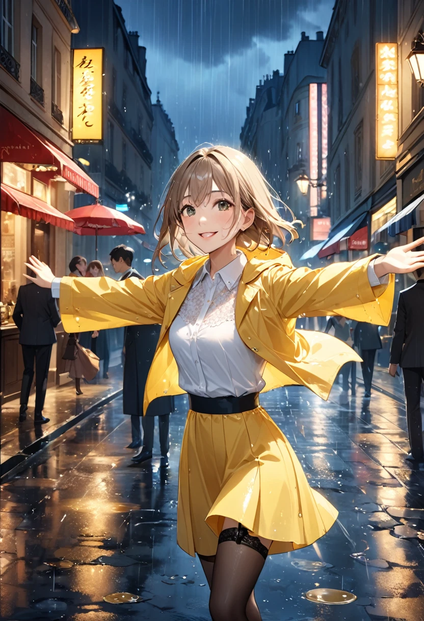 Highest quality, Highest quality, 16K, Unbelievably absurd, Very detailed, 2.5D, delicate and dynamic, movieのシーン, formal, Poster Design, Streets of Paris, Rainy night, Chic cityscape, Stone Building, Champs-Élysées, , Wet roads, puddle, puddleに町明かりが反射, puddleにビルが映る, , , Small face, Very delicate facial expressions, Delicate eye depiction, Upper body close-up, erotic, Only sexy women, Healthy body shape, 25-year-old woman, Cool woman, Height: 170cm, Big companies go bankrupt, White shirt, Yellow long raincoat, , Long skirt, garter belt, Knee-high boots, smile, fun, Raindrops, With arms outstretched, Dancing in the Rain, Opera, movie, Dancing in the Rain