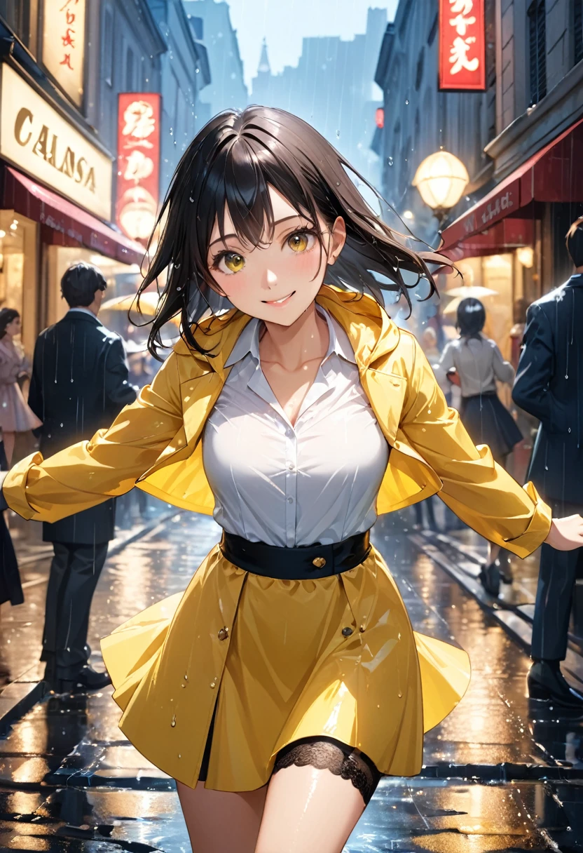 Highest quality, Highest quality, 16K, Unbelievably absurd, Very detailed, 2.5D, delicate and dynamic, movieのシーン, formal, Poster Design, Streets of Paris, Rainy night, Chic cityscape, Stone Building,  Champs-Élysées, , Wet roads, puddle, puddleに町明かりが反射, puddleにビルが映る, , , Small face, Very delicate facial expressions, Delicate eye depiction, Upper body close-up, erotic, Only sexy women, Healthy body shape, 25-year-old woman, Cool woman, Height: 170cm, Big companies go bankrupt, White shirt, Yellow long raincoat, , Long skirt, garter belt, Knee-high boots, smile, fun, Raindrops, With arms outstretched, Dancing in the Rain, Opera, movie, Dancing in the Rain