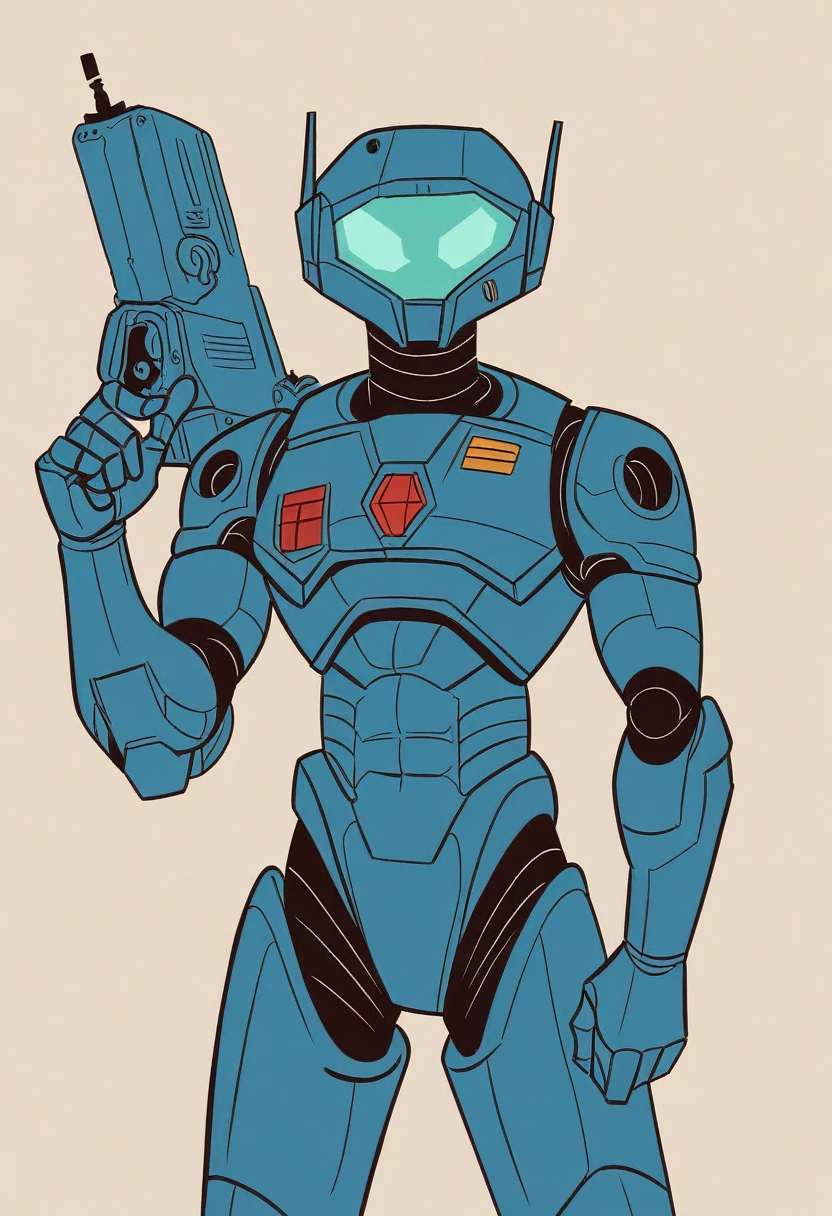 , cinematic),(Very accurate drawing in every detail)(very accurate expression)saturated_body_portrait,space age retro future atmosphere, Cool robot with colorful uniform, Hoe and machine parts shooting futuristic rifle in front of flat futuristic art background.