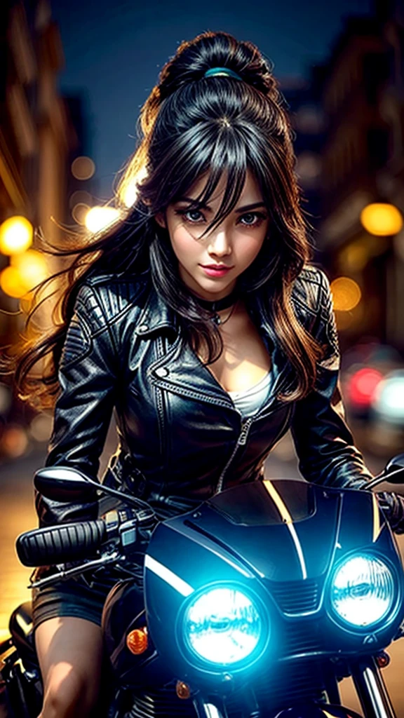 a girl riding a motorcycle while using a smartphone, detailed face, beautiful eyes and lips, long eyelashes, dynamic pose, high quality, 8k, realistic, detailed lighting, intricate background, vibrant colors, cinematic composition