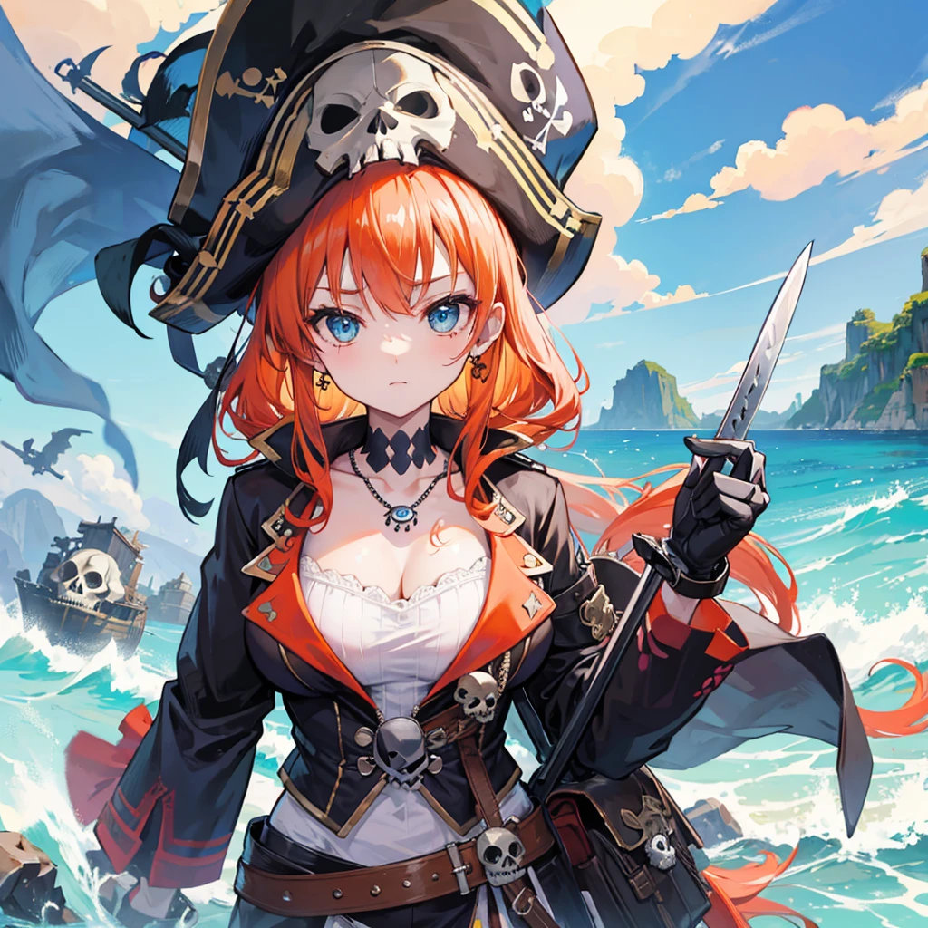 ((((pirate女帝　Skull Island　swordを持つ))))　(((Skull pattern　pirate　Large Breasts)))　((Boat　Orange Hair　blue eyes))　((necklace　sword))　(noon　Boatの上　sun　cloud)　Catch the wind　Shining Background　Light