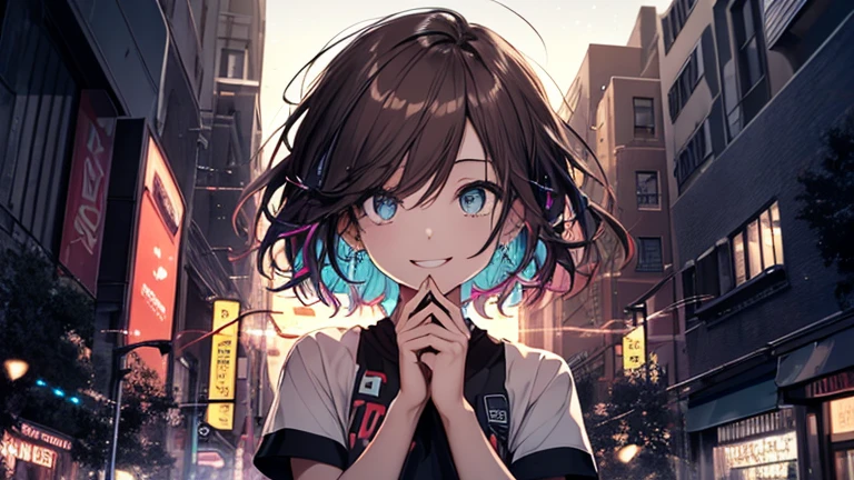 (Highly detailed CG Unity 8k wallpaper), The most beautiful works of art in the world, One Girl, Upper Body,Hair color is dark brown,girl, , Upper leg,Short sleeve, front, (Eyes Wide Open:1.2), smile,night,City,Buildings lined up,Apparel Shop, Store Lighting, Brilliant lights,Blue background, Particles of light, Will,punk