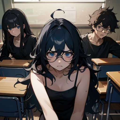 (Best Quality: 1.0), (Ultra High Resolution: 1.0), (Masterpiece), Detailed Face, Group of People, Boys, (Scared Expressions on Their Faces), Classrooms Are People, (Background in Classroom), Bloodstains, volumetric lighting, ambient lighting, highres, masterpiece, 8k, (dark blue eyes with dark circles), tired, melancholy, depressed, detailed black hair, (messy hair), long hair, disheveled, unwashed, thick eyebrows, black camisole, (wearing glasses),