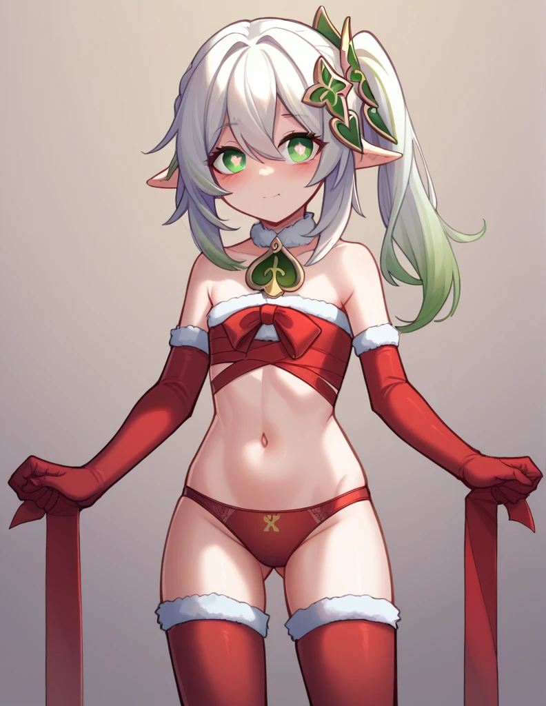 Better warmth, upcoming job, 
alone, {Nahida_genshin:1.15}, green eyes, fringe, pointy ears, hair ornament, White color, symbol-shaped pupils, Multicolored fur, side ponytail, worn fur, green fur, hair between the eyes, cross-shaped pupils, looking at the viewer,
Christmas, árbol de Christmas, Gifts,
Red socks, santa claus socks, Elbow length gloves, red gloves, wrapped as a gift,
only wearing underwear, christmas underwear, pose y,
Twins, twins session, Twins holding hands