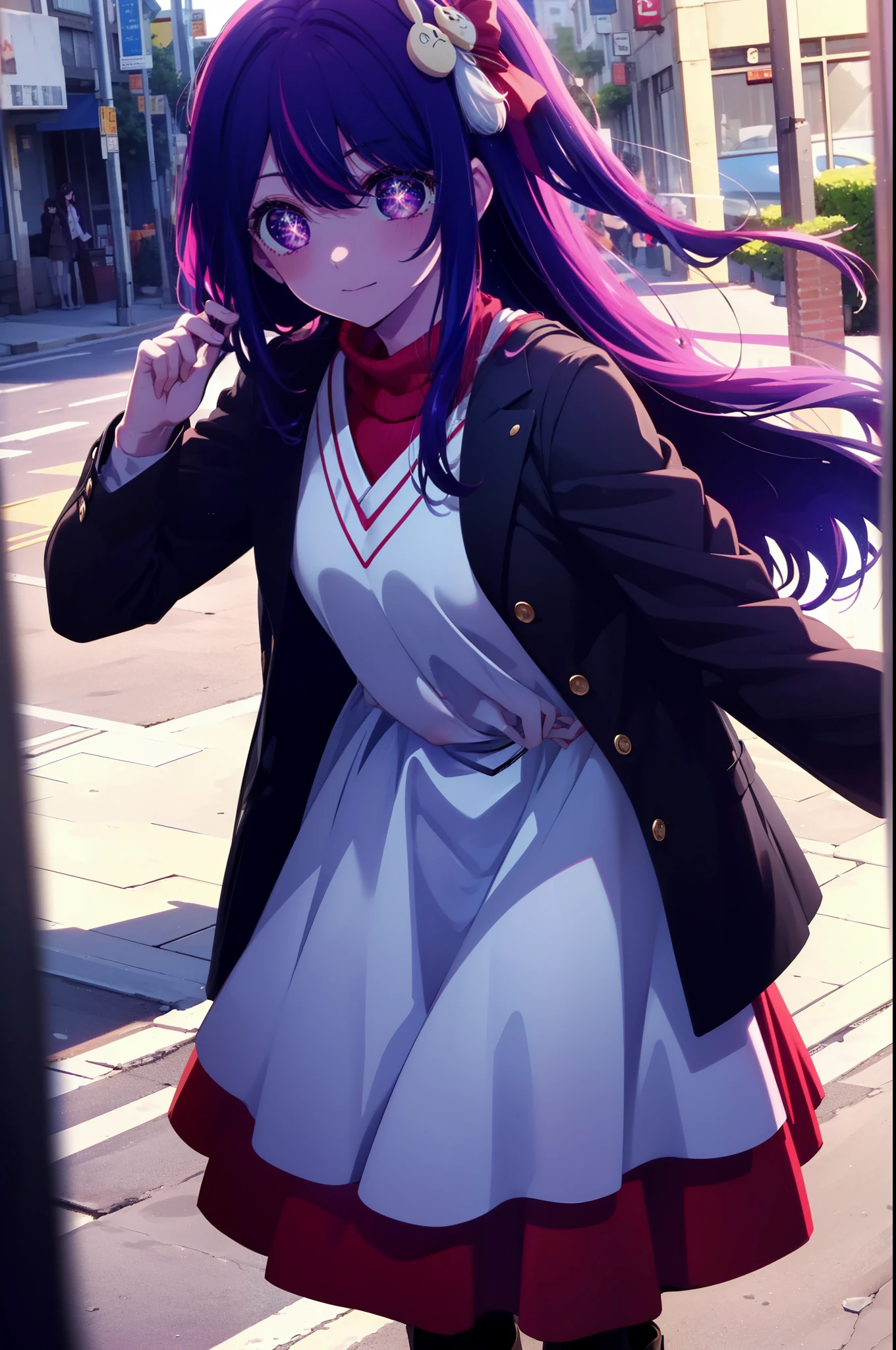 masterpiece, best quality, highres, sh1, senjougahara hitagi, long hair, long sleeves, necktie, school uniform, pleated skirt, juliet sleeves, black thighhighs, pink shirt,  cowboy shot,