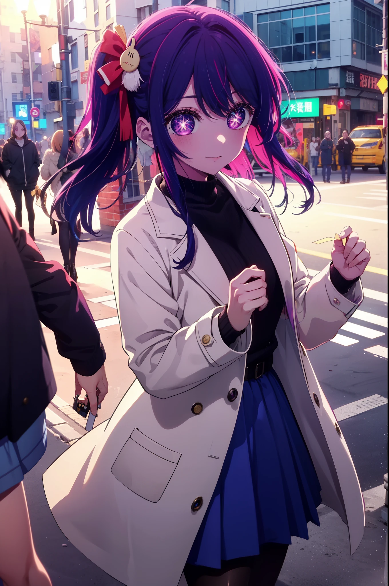 aihoshino, Ai Hoshino, Long Hair, bangs, (Purple eyes:1.1), Purple Hair, (Symbol-shaped pupil:1.5), smile,
break one side up, hair ornaments, Hair Ribbon, Purple long coat,V-neck sweater,Long skirt,Black pantyhose,short boots,Red muffler,It's snowing,Snow is falling,Are standing,whole bodyがイラストに入るように,
break outdoors, Building district,
break looking at viewer, whole body,
break (masterpiece:1.2), Highest quality, High resolution, unity 8k wallpaper, (figure:0.8), (Beautiful attention to detail:1.6), Highly detailed face, Perfect lighting, Highly detailed CG, (Perfect hands, Perfect Anatomy),