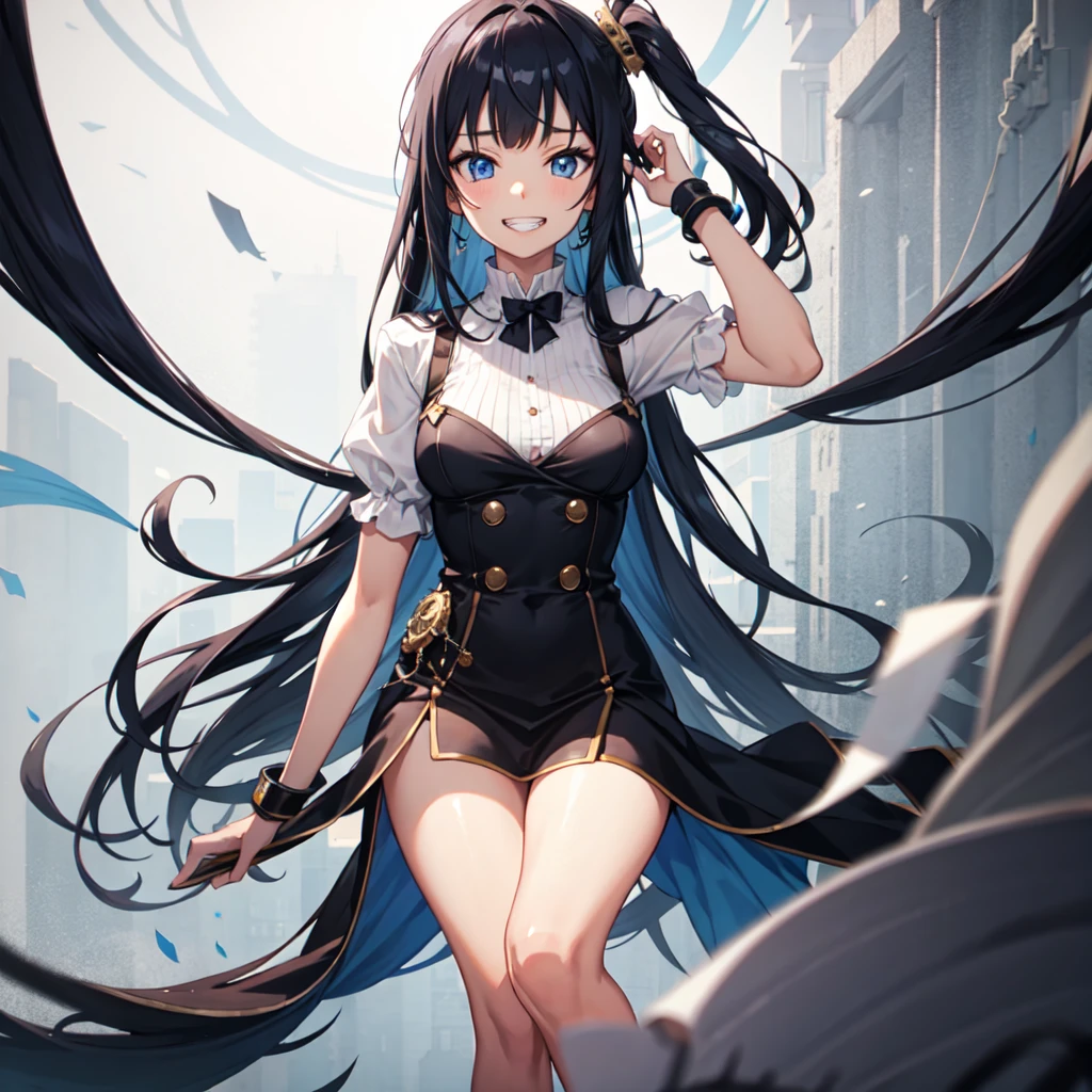 -girl, BREAK, very long hair, blunt bangs, {dark blue hair}, BREAK, blue eyes, BREAK, pinafore, BREAK, grin, BREAK, anime, caustics, super detailed skin, beautiful detailed eyes