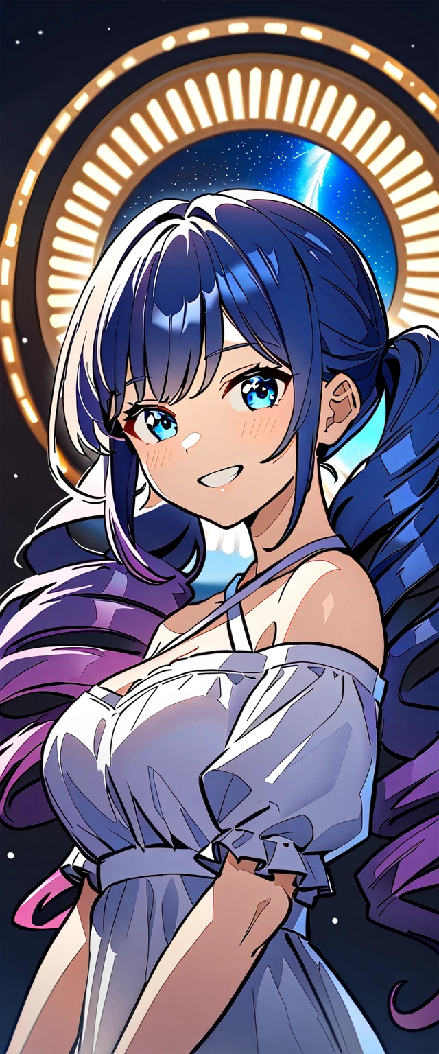 ((grin)), Eyeshadow, False eyelashes, ((off-shoulder dress:1.3, criss-cross halter)), ((white sundress)), ((cleavage)), ((twin tails hair, spiral curl hair, gradient hair, hair extensions, streak)), ((sunglasses, hand to sunglasses)), (((from side))), ((((upper body)))), bare legs, (()), (((a beautiful starry sky, the Milky Way shining beautifully in the night))), ((on the very high cliff)), wavy hair, inward curled hair, ((sea, nature)), breasts, ager, (looking at viewer), puffy long sleeves, collarbone, head tilt:1.3, (((blue eyes))), happy smile, (((anime style))), (best quality, 4K, 8K, highres, masterpiece:1.2, ultra-detailed, ultra-detailed eyes, HDR, uhd, studio lighting, ultra-fine painting, sharp focus, physically-based rendering, extreme detail description, professional, vivid colors, bokeh)