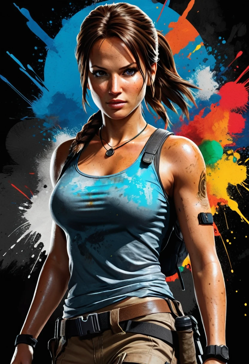 realism style, t shirt design, centered art, 3D vector, water color, Lara Croft Tomb Raider, black backdrop, Adobe illustration, trends on artstation, High definition, 8K, Intricate details, coloured background, colorful circle, vibrant eyes, linda arte , artwork