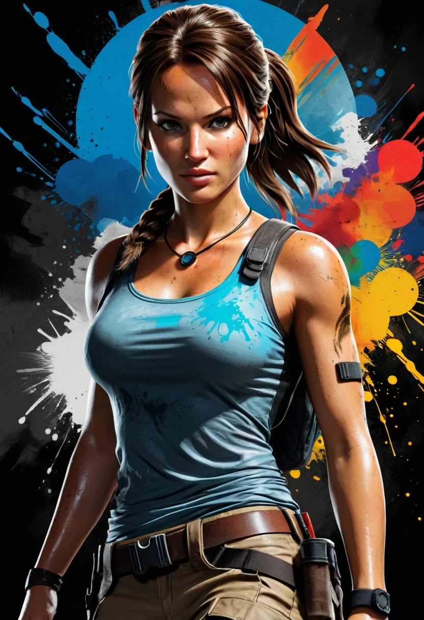 realism style, t shirt design, centered art, 3D vector, water color, Lara Croft Tomb Raider, black backdrop, Adobe illustration, trends on artstation, High definition, 8K, Intricate details, coloured background, colorful circle, vibrant eyes, linda arte , artwork