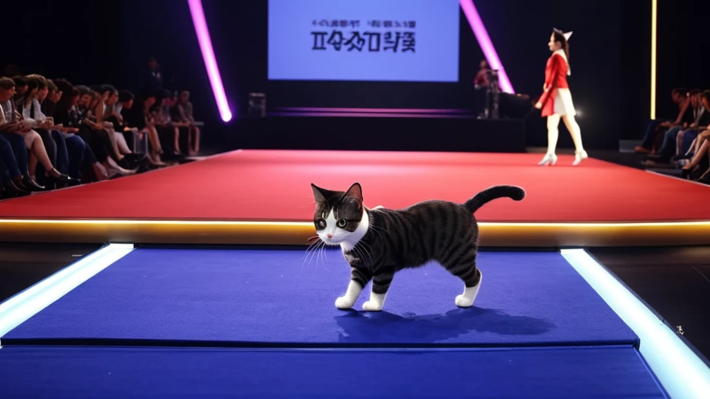 A very cute cat,dressed in clothes that cats can only wear,walks on the stage like a star. There is a spotlight on the T-shaped platform. The cat walks on the catwalk like a star.,