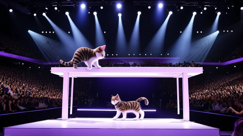 A very cute little cat,dressed in clothes that cats can only wear,walks on the stage like a star. There is a spotlight on the T-shaped platform. The cat walks on the catwalk like a star.,