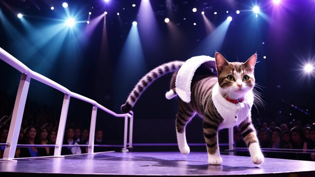 A very cute little cat,dressed in clothes that cats can only wear,walks on the stage like a star. There is a spotlight on the T-shaped platform. The cat walks on the catwalk like a star.,